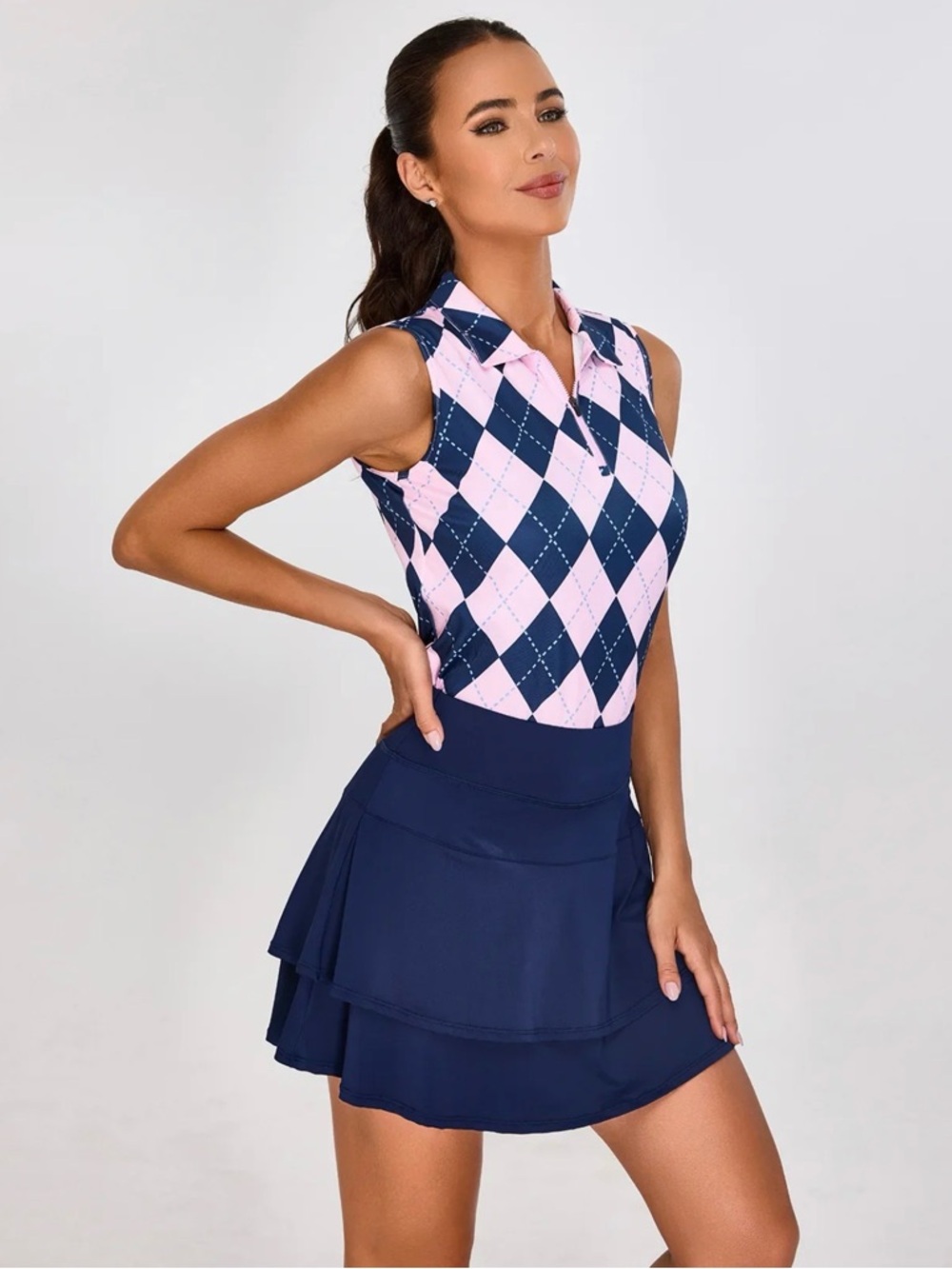 Soneven pink & navy sleeveless checkerboard polo for golf, tennis & pickleball